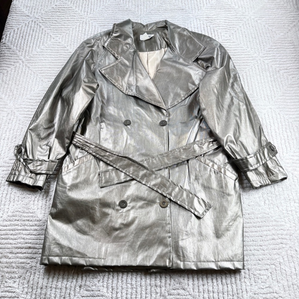 Tulipe of California Trench Coat Womens Medium Silver Metallic Vintage Disco 80s
